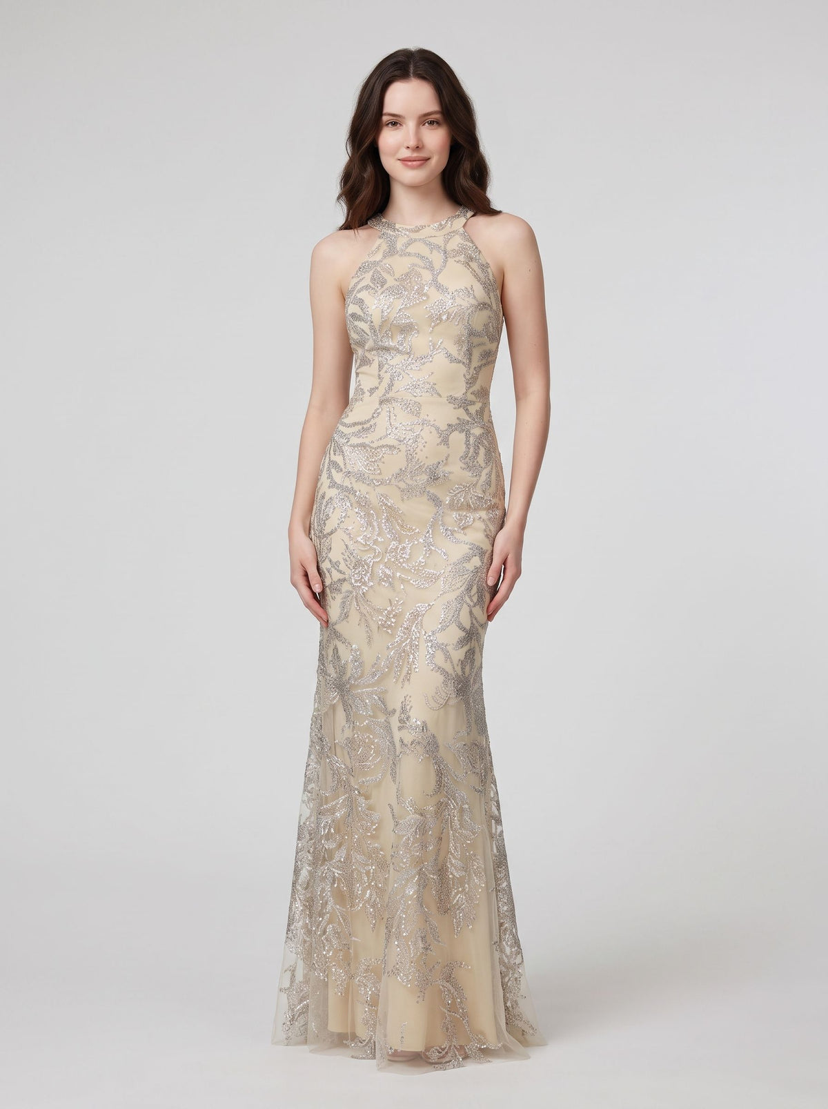Silver Glitter Fabric Sheath/column Halter neckline High Back Floor-Length Dress