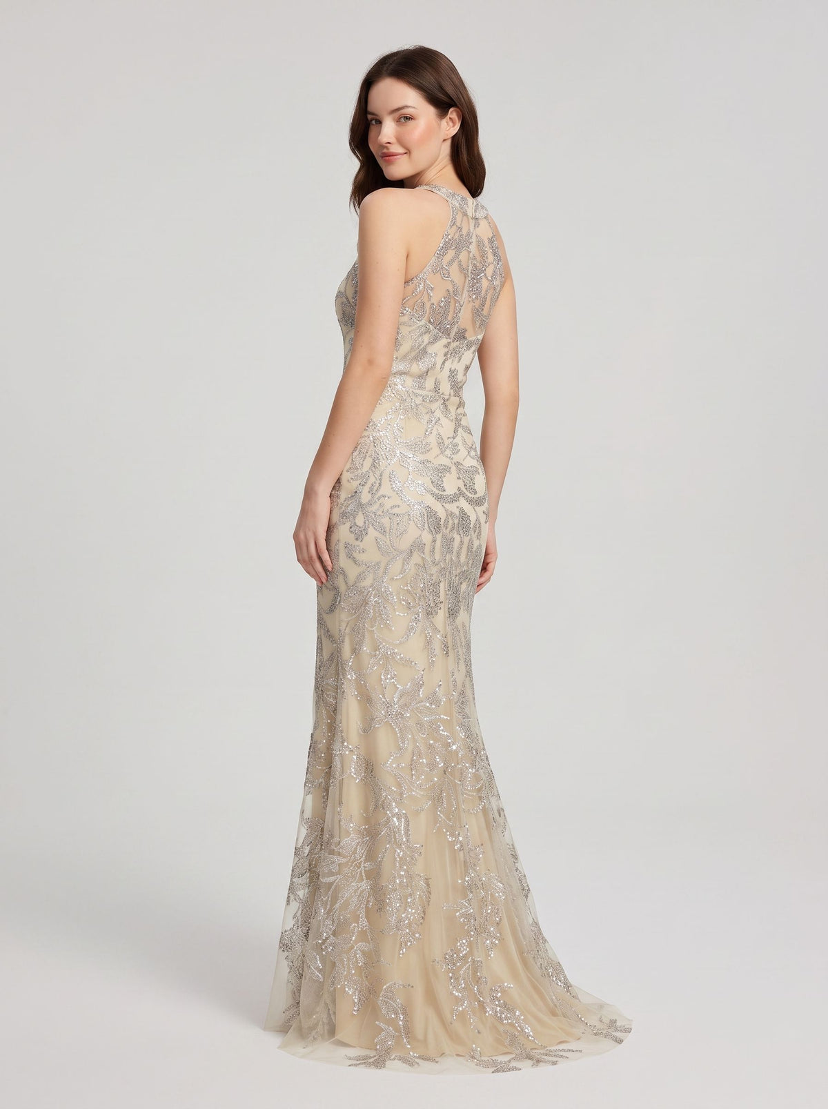 Silver Glitter Fabric Sheath/column Halter neckline High Back Floor-Length Dress