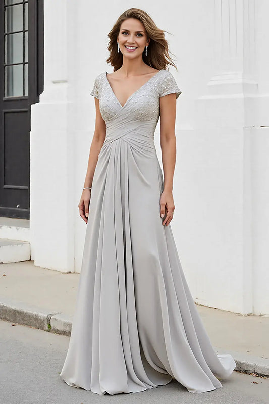 Wedding Guest Dress Silver A Line V-Neck Cap Sleeve Pleated Chiffon Sequin Lace Appliqued Retro Elegant Long Mother of the Bride Dress