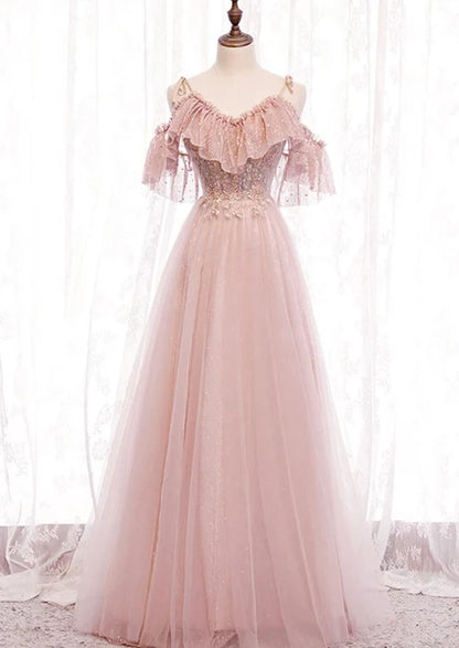 Dusty Pink Off Shoulder Ruffle Beaded Sparkly Tulle A Line Prom Dress