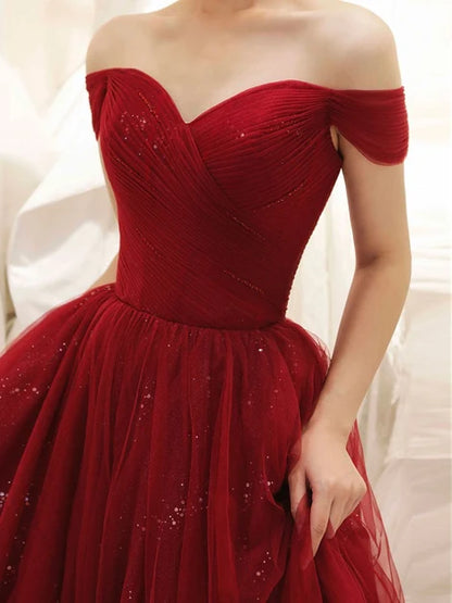 Burgundy Off The Shoulder Sparkly Tulle Prom Dress Pleated Sweetheart Gown