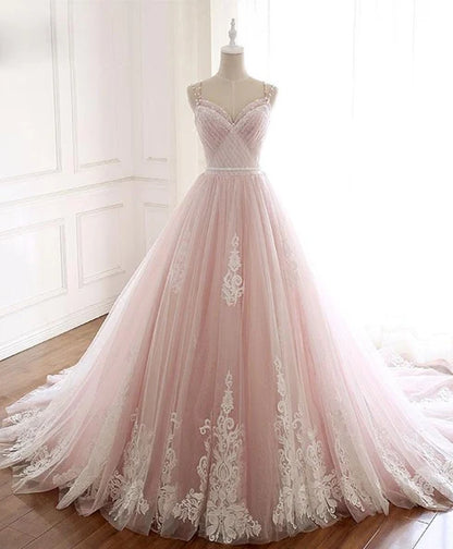 Blush Pink Spaghetti Straps Lace A Line Wedding Dress With Long Train