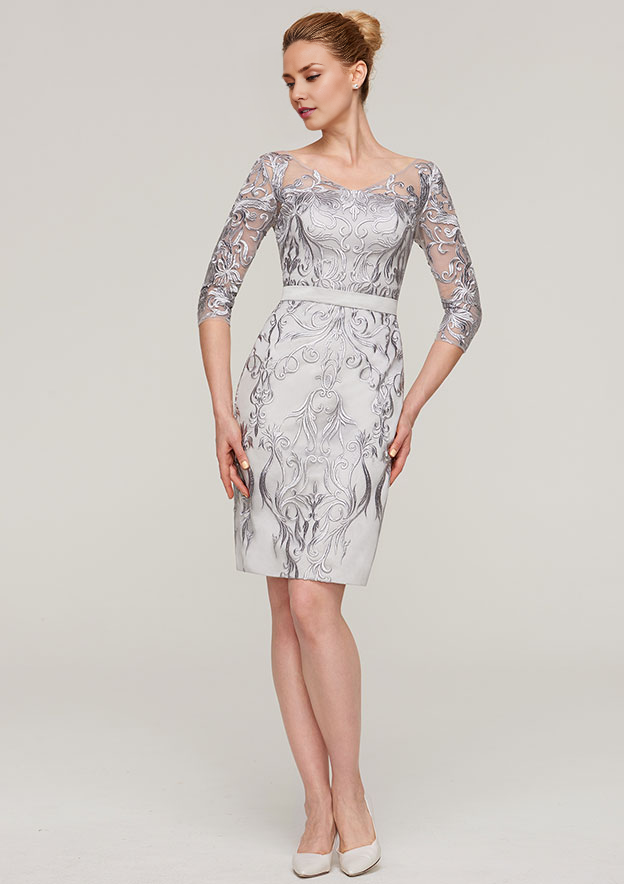 Vintage Wedding Guest Dresses Chiffon Sheath/Column V Neck 3/4 Sleeve Appliqued Waistband With Jacket Two-Piece Knee-Length Bargain Mother of the Bride Dress