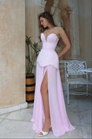 Modern Fashion Pink A Line Strapless Sweetheart Sleeveless With High Slit Charming Long Affordable Prom Dress