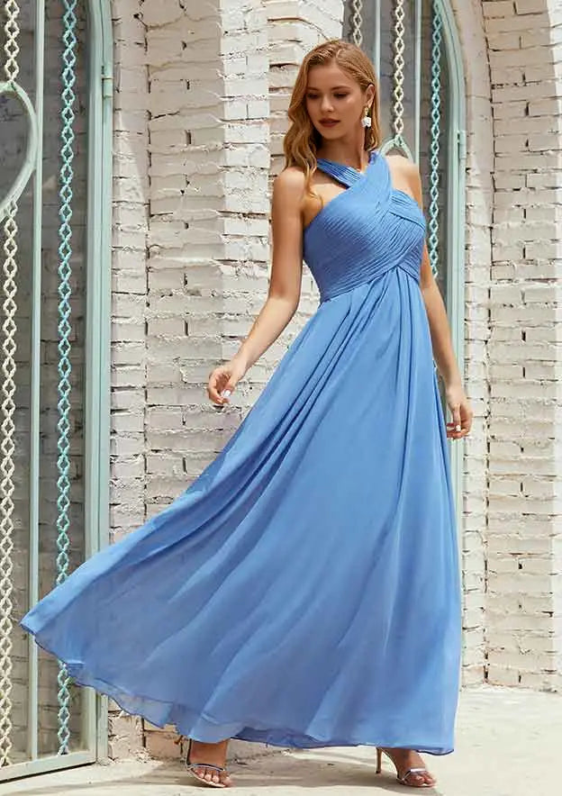 Elegant Blue Chiffon A-line Halter Sleeveless With Pleated Backless Affordable Long Bridesmaid Dress