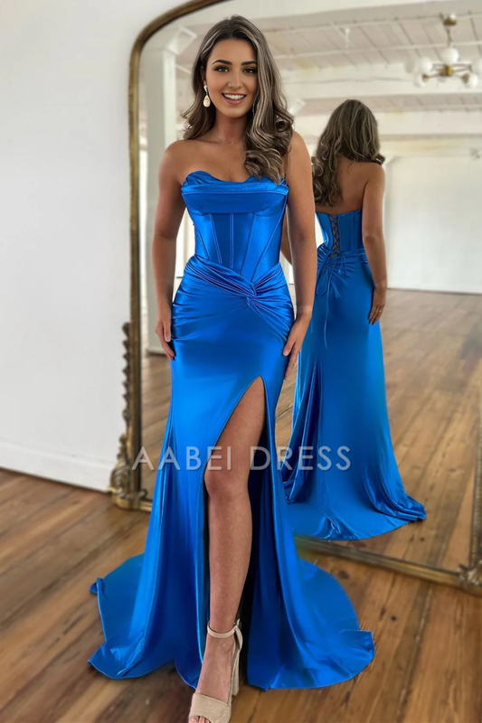 AABEI DRESS Hot Sale Prom Dress Satin Mermaid Strapless Lace Up Long With Split Fashion Formal Dress