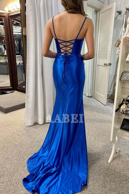 Evening Dress Royal Blue Spaghetti Strap Scoop Neck Lace-Up Backless Pleated Mermaid Gown Sweep Train Elegant Exquisite Formal Women's Dresses