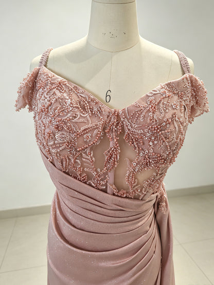 Dusty Rose Glitter Fabric with Beaded Lace Sheath Sweetheart Floor-Length Dress