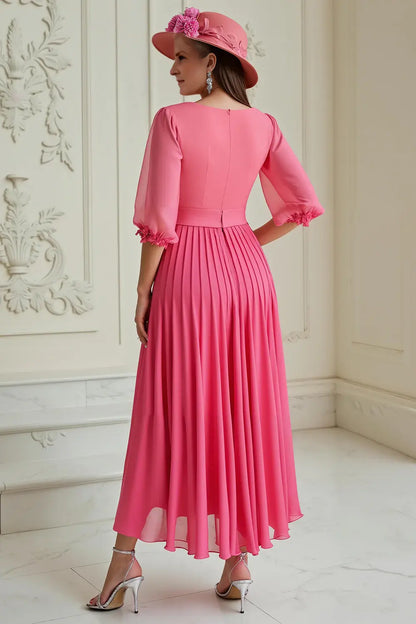 Elegant Hot Pink A Line V Neck 3/4 Long Sleeve Chiffon Pleated Dress Simple Wedding Guest Dress For Women Hot Sale Mother of the Bride Dress