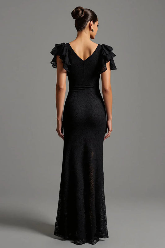 Charming Black Lace Mermaid Boat Neck V back Long Formal Dress with Ruffles Elegant Evening Dresses