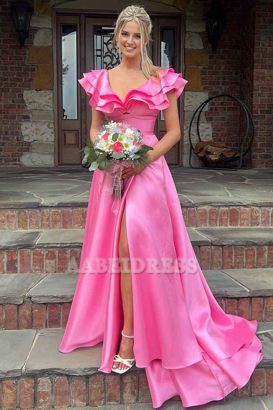 Evening Dress A-Line Deep V-Neck Ruffle Long Elegant Side Fork Gorgeous Formal Women's Dresses