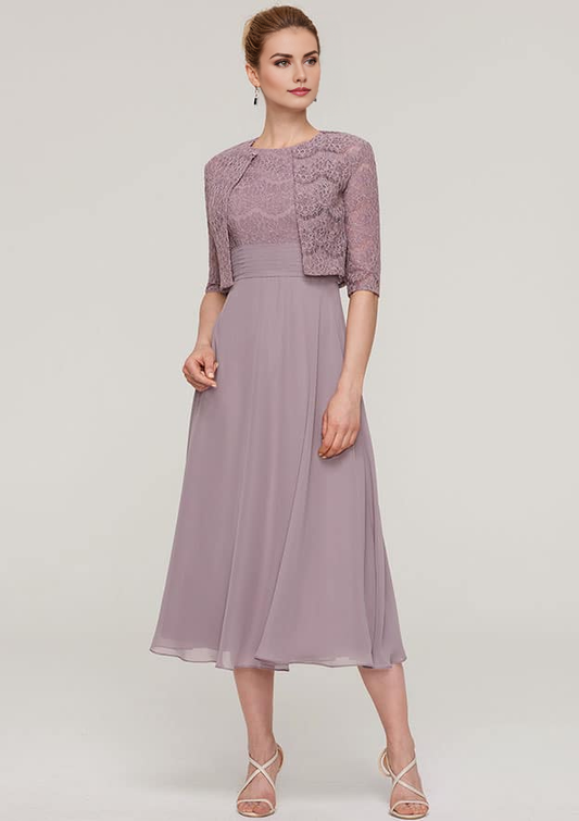 Mauve Chiffon A-Line Boat Neck Back Zip Tea-Length Dress