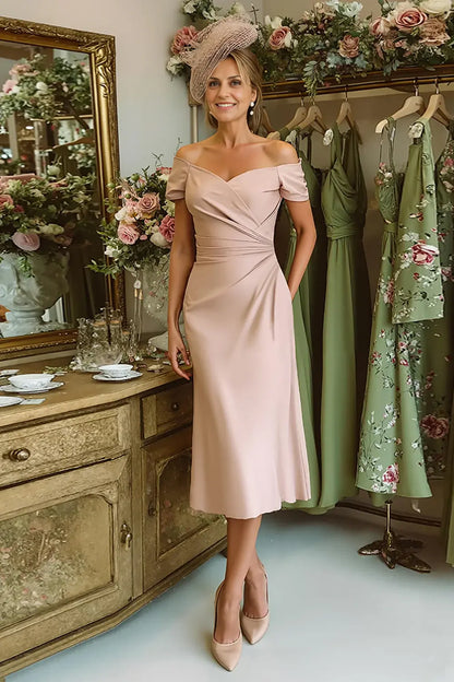 Dusty Rose Satin Sheath Sweetheart Neckline Off the Shoulder Short Sleeve Backless Pleated Wedding Guest Dress For Women New Style Mother of the Bride Dress
