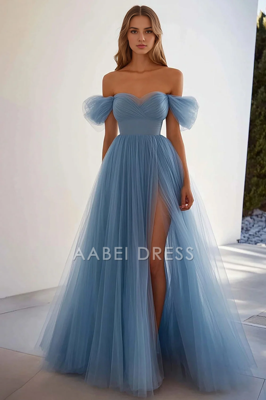 AABEI DRESS Hot Sale Prom Dress Sweetheart Off Shoulder A Line Pleated Tulle Long Slit Elegant Formal Dress
