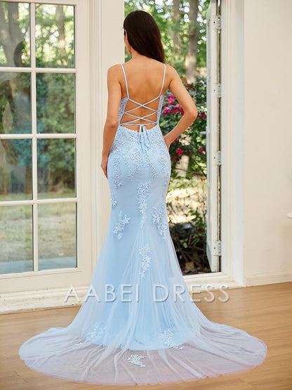AABEI DRESS Prom Dress Tulle Appliques Backless Lace Up Mermaid Spaghetti Straps Long Evening Dresses for Women