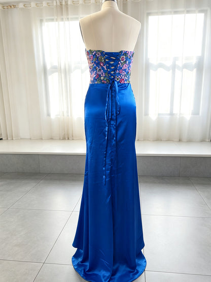 Royal Blue Satin Mermaid Straight Across Lace-Up Back Floor Length Dress