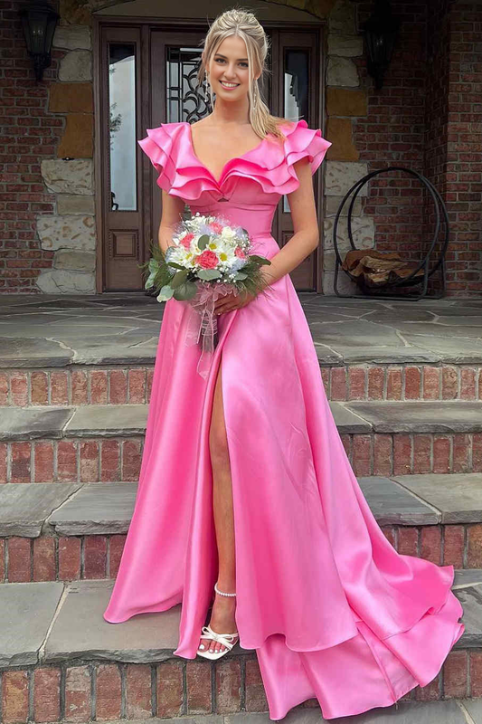 Evening Dress A-Line Deep V-Neck Ruffle Long Elegant Side Fork Gorgeous Formal Women's Dresses