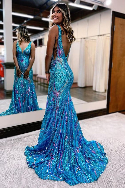 AABEI DRESS Prom Dress Charming Mermaid V Neck Backless Sequin Lace Long Sweep Formal Dress