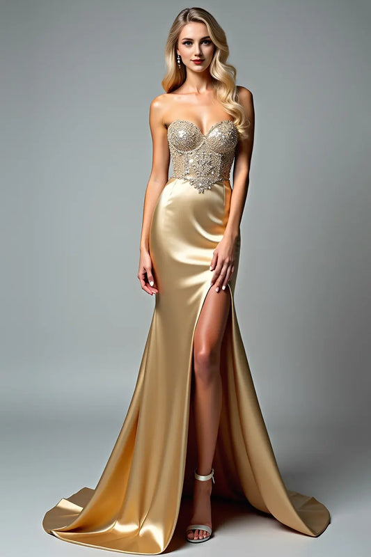 Beaded Golden Sheath Mermaid Sweetheart Neckline Strapless with Slit Long Formal Dress Gorgeous Evening Dresses