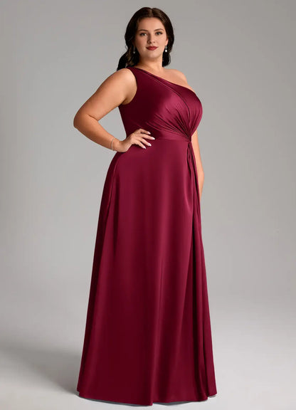 Elegant Burgundy A-Line One Shoulder Sleeveless Knot Pleated Side Fork Simple Plus Size Formal Dress Hot Sale Prom Dress