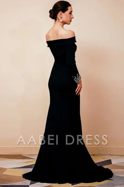 AABEI DRESS High Quality Mother of The Bride Dress Off-the-Shoulder Pleated Mermaid Dress Long sleeves Rhinestone Cuffs Side Fork Dress Formal Dress