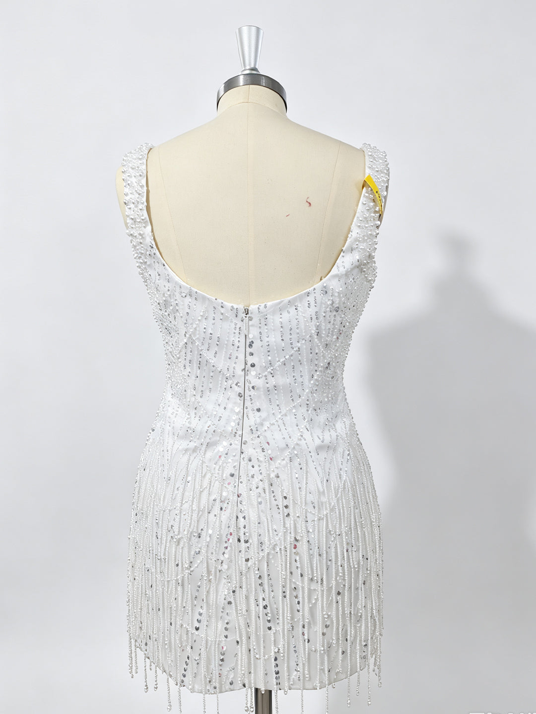 White Sequin Mesh with Beaded Fringe Bodycon Square Neck Above Knee Dress