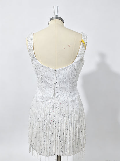 White Sequin Mesh with Beaded Fringe Bodycon Square Neck Above Knee Dress