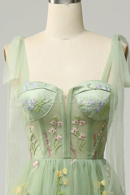 Prom Dress A Line Spaghetti Straps Corset Lace up Long Embroidery Luxurious Formal Wear Dresses
