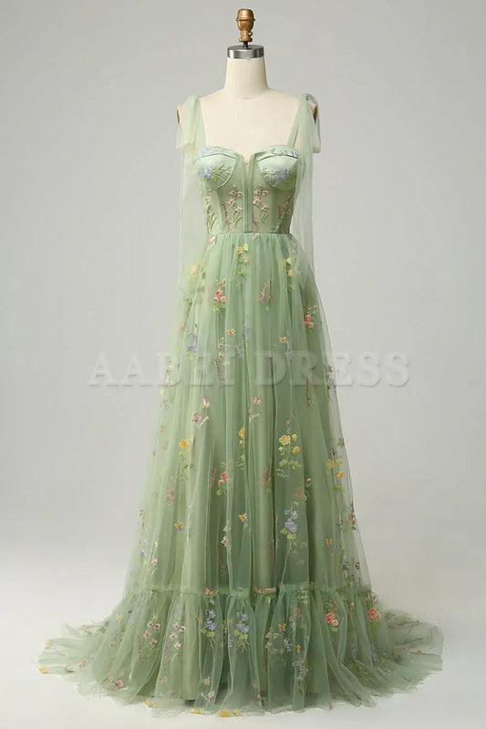 Prom Dress A Line Spaghetti Straps Corset Lace up Long Embroidery Luxurious Formal Wear Dresses