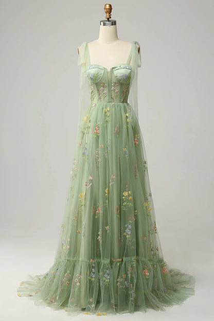 Prom Dress A Line Spaghetti Straps Corset Lace up Long Embroidery Luxurious Formal Wear Dresses