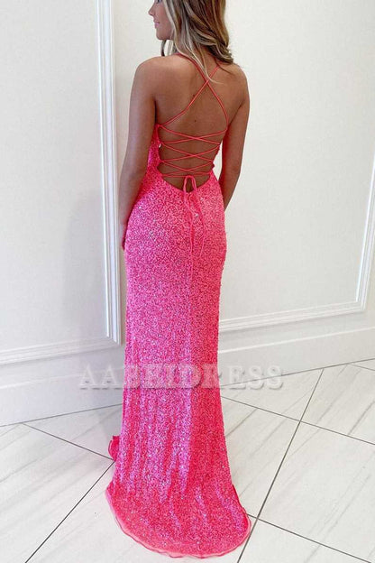Evening Dress Spaghetti Strap Sequins Mermaid Cultivate oneself Backless Side Fork Sweep Train Charming Formal Women's Dresses