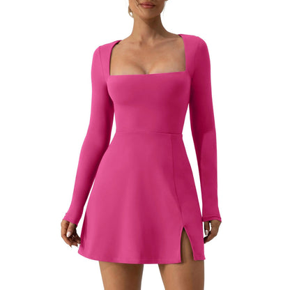 AABEI DRESS New Homecoming Dress A-Line Solid Color Long Sleeve Square Neck High Split Hem Party Mini Dress