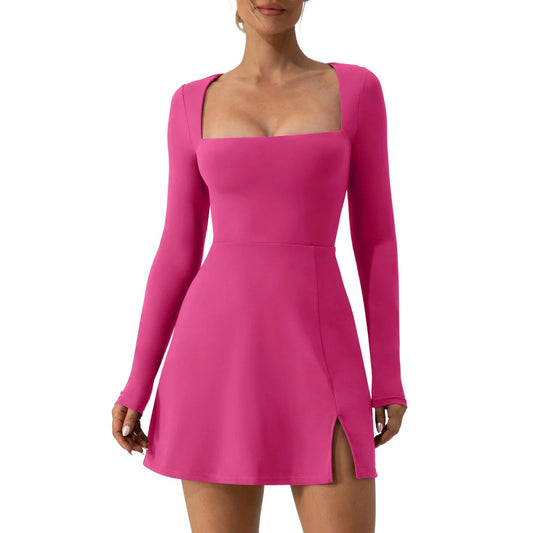 AABEI DRESS New Homecoming Dress A-Line Solid Color Long Sleeve Square Neck High Split Hem Party Mini Dress