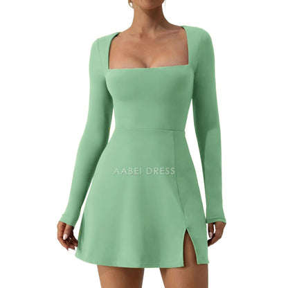 AABEI DRESS New Homecoming Dress A-Line Solid Color Long Sleeve Square Neck High Split Hem Party Mini Dress