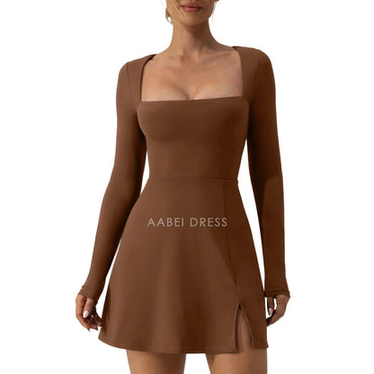 AABEI DRESS New Homecoming Dress A-Line Solid Color Long Sleeve Square Neck High Split Hem Party Mini Dress