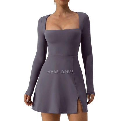AABEI DRESS New Homecoming Dress A-Line Solid Color Long Sleeve Square Neck High Split Hem Party Mini Dress