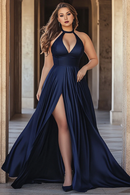 AABEI DRESS Hot Sale Prom Dress Fashion A Line Halter Satin Long With Slit Sexy Formal Dress