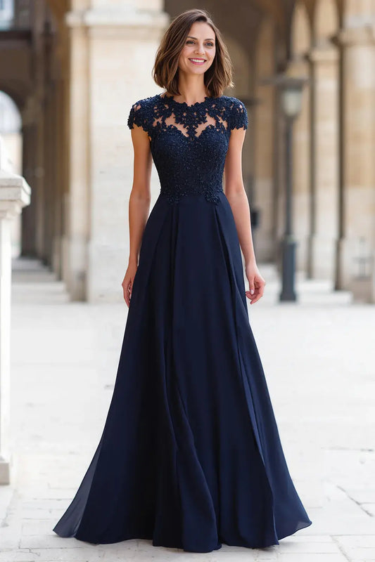 Elegant Dignified Navy Chiffon A-Line Round Neck with Appliques Cap Sleeve Backless Long Wedding Guest Dress For Women Hot Sale Mother of the Bride Dress