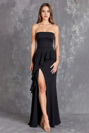 Fashion Black Satin Sheath Strapless Tiers Ruched with Slit Long Formal Dress Hot Sale Evening Dresses