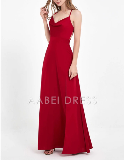 AABEI DRESS A-Line Cowl Neck Spaghetti Straps Lace up Back Satin Split fork Long Simple Dress Floor-Length Evening Dress