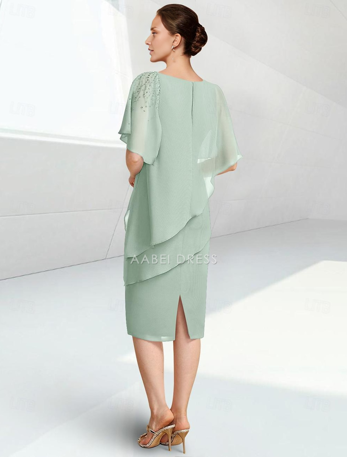 AABEI DRESS Wedding Guest Dress Elegant Beach Sheath Jewel Neck Tiers Knee Length Half Sleeve with Beading Mother of the Bride Dress