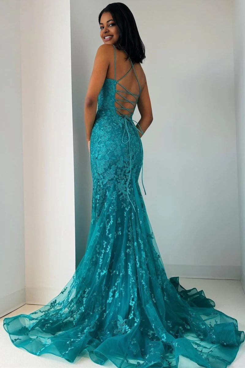 Turquoise Charming Mermaid Spaghetti Strap Lace Appliques Lace-Up Backless Retro Exquisite Wedding Guest Dress Long Hot Sale Prom Dresses
