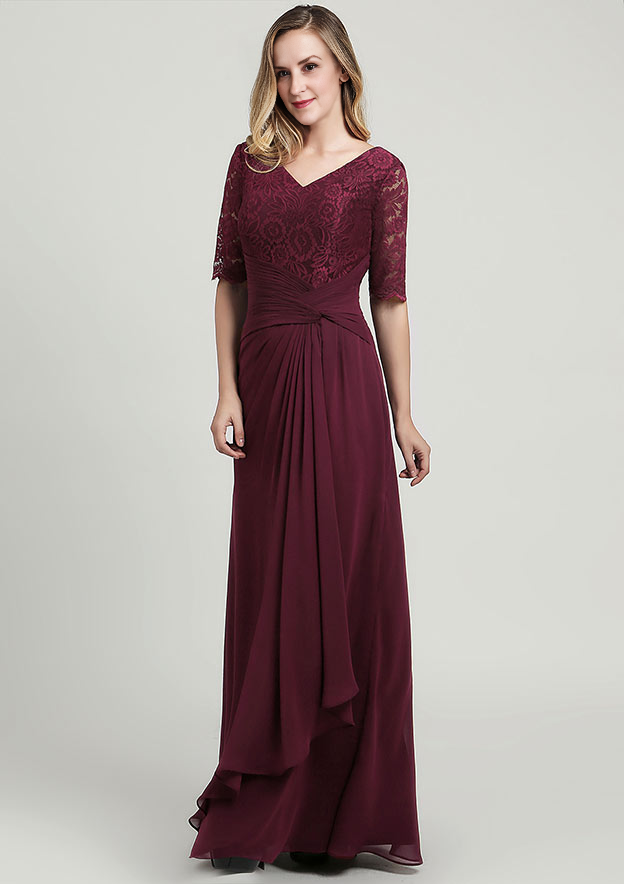 Vintage Elegant Simple Wedding Guest Dresses Burgundy Chiffon Lace A-line V Neck Half Sleeve Pleated With Tiers Ruffles Floor-Length Bargain Mother of the Bride Dress