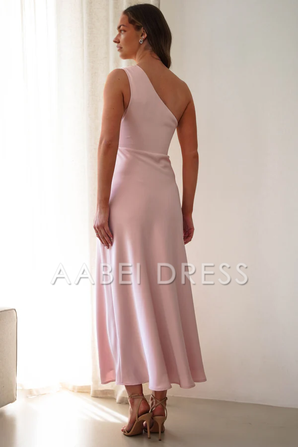 AABEI DRESS Prom Dress Satin One-Shoulder Ruched Waist Side Fork Simple Dress