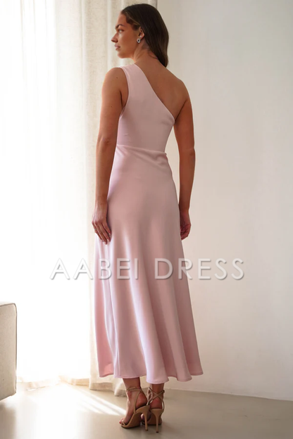 AABEI DRESS Prom Dress Satin One-Shoulder Ruched Waist Side Fork Simple Dress