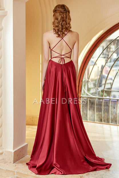 AABEI DRESS Prom Dress A Line Spaghetti Straps Backless Long Split Front Elegant Simple Formal Dress