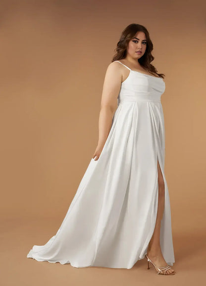 Elegant Simple White A-Line Spaghetti Strap Scoop Pleated Crepe Back Side Fork Backless Plus Size Hot Sale Wedding Dress