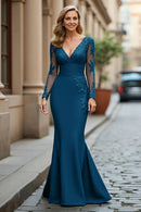 Wedding Guest Dress Blue Mermaid V-Neck Long Sleeves Pleated Lace Applique V Back Retro Elegant Hot Sale Long Mother of the Bride Dress