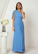 Elegant Blue Chiffon A-line One-Shoulder Sleeveless Ruffles With Split Affordable Floor-Length Bridesmaid Dress