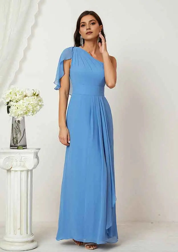 Elegant Blue Chiffon A-line One-Shoulder Sleeveless Ruffles With Split Affordable Floor-Length Bridesmaid Dress